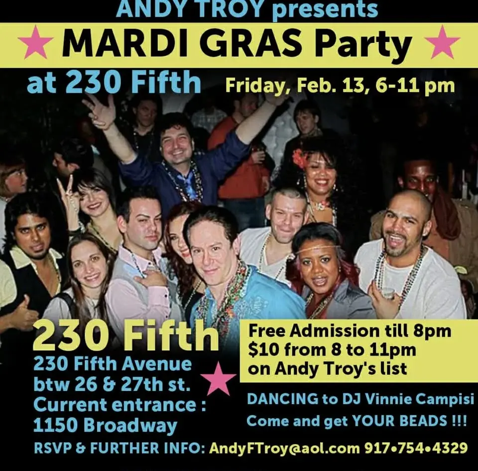Mardi Gras Dance Party at 230 Fifth, Free Admission till 8 PM!