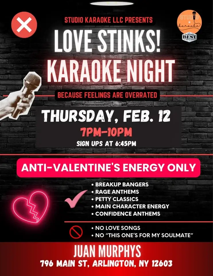 🎤💔 ANTI-VALENTINE’S DAY KARAOKE AT JUAN MURPHYS! LOVE STINKS!! 🎤💔