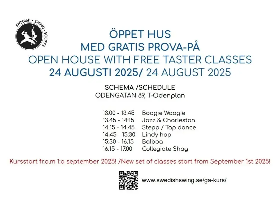 Prova-på lindy hop, balboa, collegiate shag, boogie woogie, solojazz, charleston och stepp!