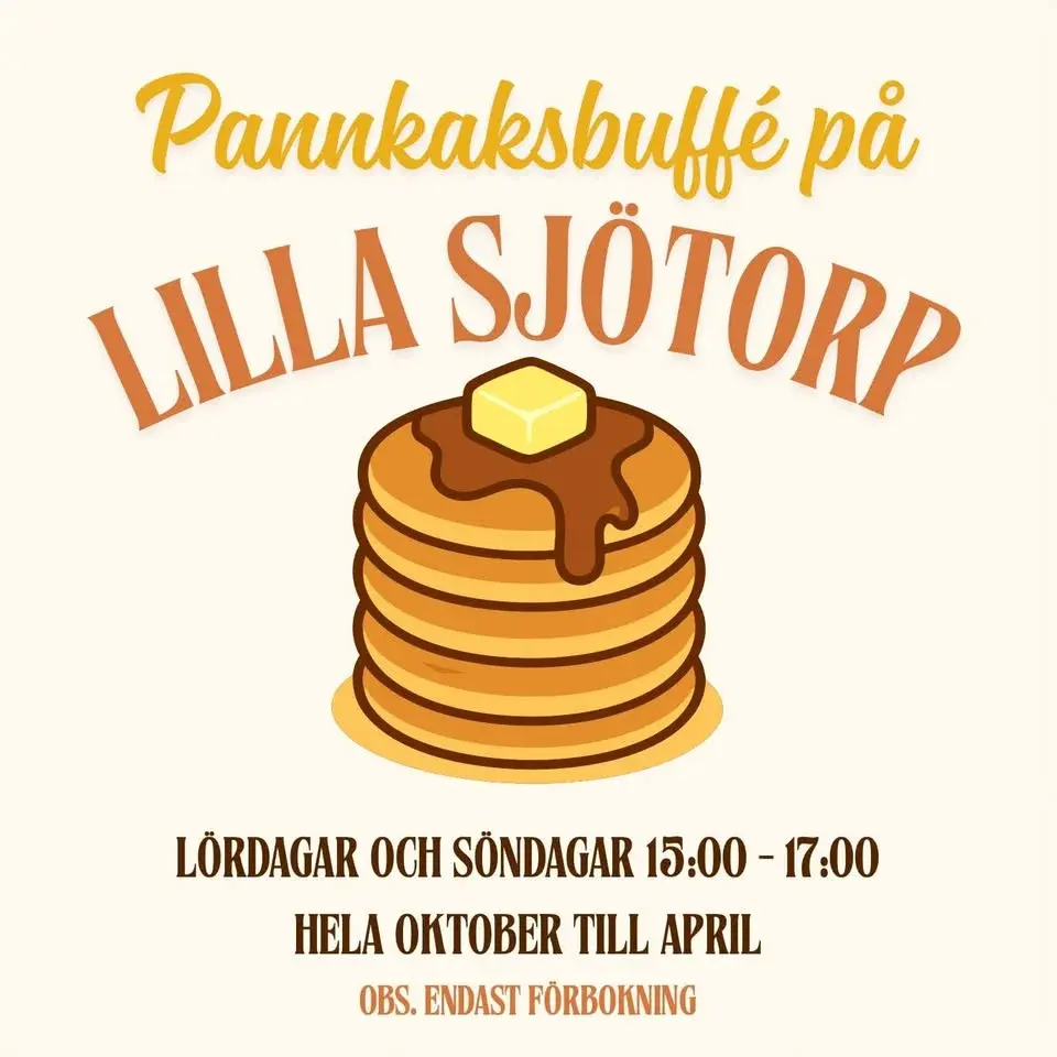 Pannkaksbuffe lördagar och söndagar 15-17. Boka bord!