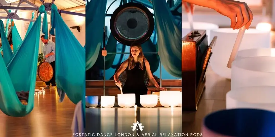 Aerial Relaxation Pods - Sound Journey Gong Bath Meditation in Hammocks or on Cushioned Mats