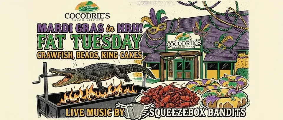 MARDI GRAS PARTY in NRH!! CRAWFISH BOIL, Beads, King Cakes, LIVE MUSIC by Squeezebox Bandits