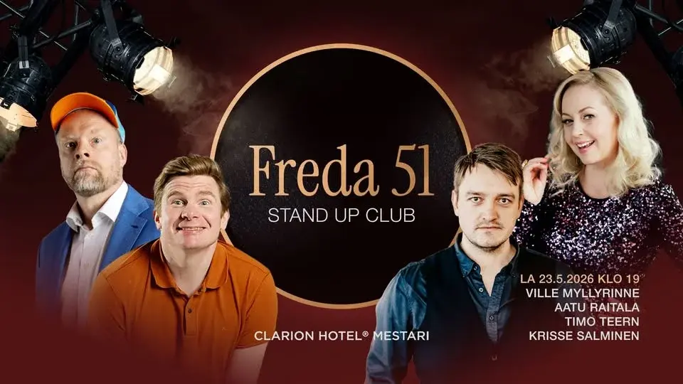 La 23.5. Freda 51 Stand Up Club: Krisse Salminen, Ville Myllyrinne, Aatu Raitala ja Timo Teern
