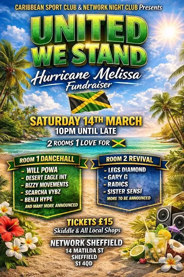 UNITED WE STAND – Hurricane Melissa Fundraiser Night 🇯🇲🌴 2 Rooms • 1 Love • Supporting Jamaica