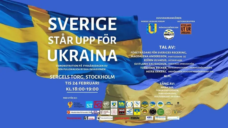 Sverige står upp för Ukraina - demonstration på fyraårsdagen av den fullskaliga ryska invasionen