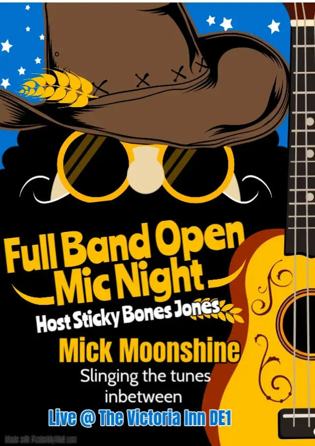 Full Band Open Mic Host Sticky Bones Jones with Mick Moonshine playing music inbetween